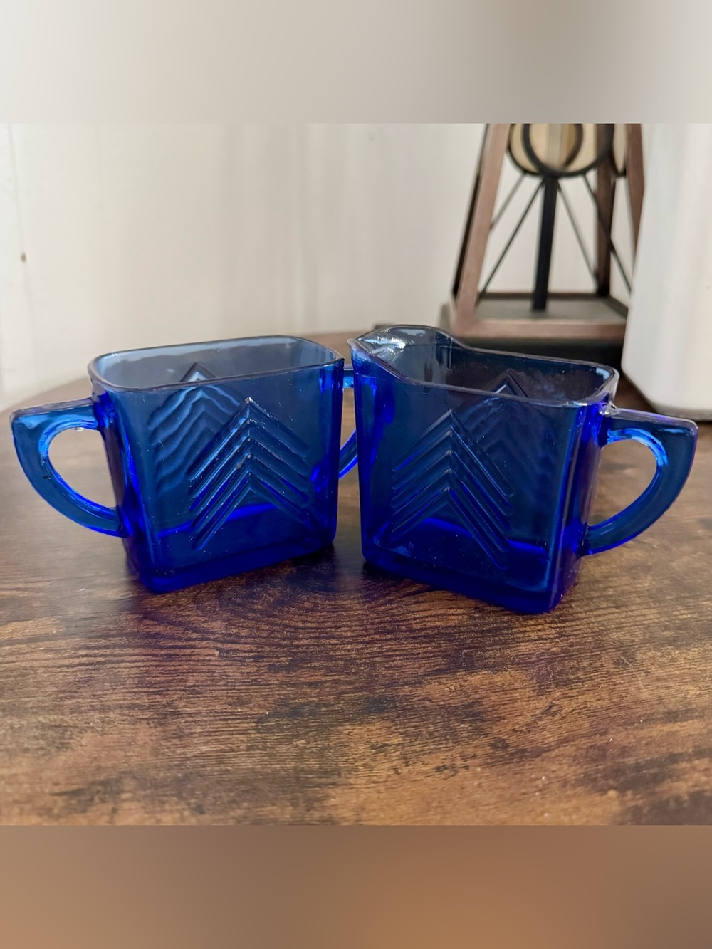 Hazel Atlas Ritz Blue (Cobalt) Chevron Creamer Sugar 1930s Depression Glass VTG